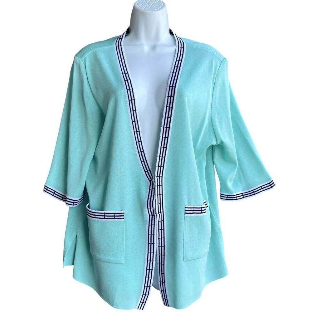 MISOOK Exclusively Aqua Acrylic Knit Sweater Jacket Cardigan Striped Trim Sz L